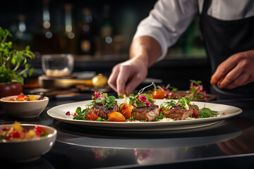 Obraz na płótnie Canvas Generative AI Image of Chef Hands Preparing Delicious Dish for Customer in Restaurant Kitchen