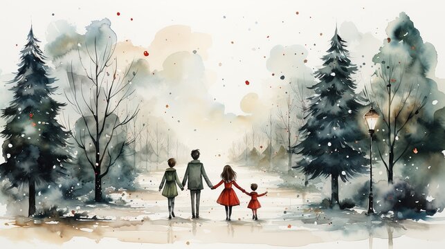 Vintage watercolor  of family  walking in the park during snow.. Retro 1950s painting of couple and two children walking during winter, Christmas card.