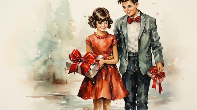 Vintage watercolor of young couple walking in snow with Christmas presents . Retro 1950s style painting of teenagers with Xmas gifts. Close up