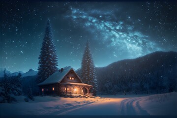big wooden house with chimney blowing smoke big wooden house on snow background with warm light very big galaxy glowing in the sky many tall pine trees on the left snowy road snow background little  - obrazy, fototapety, plakaty