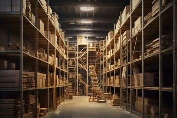 Warehouse with towering shelves for storing items. Generative AI