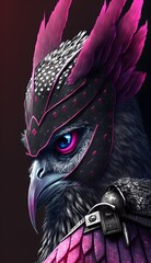 A closeup image of an owl warrior with his eyes closed the image is based on black and uses shocking pink as an accent 