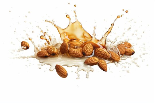 Almonds Immerse In Milk And Honey Splash On A White Background. Generative AI