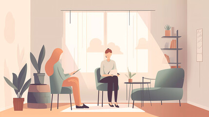 Psychologist sitting in armchair and talking with patient in the office.Mental health and psychology concept.flat vector illustration. - obrazy, fototapety, plakaty