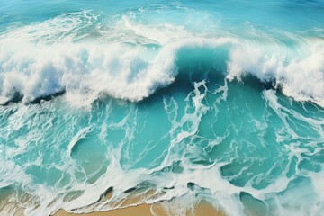 A background image for creative content featuring an emerald-colored ocean with waves crashing on the shore, creating white foam. Photorealistic illustration