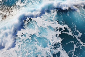 A background image for creative content, captured from an overhead perspective, depicting a deep blue ocean wave crashing. Photorealistic illustration