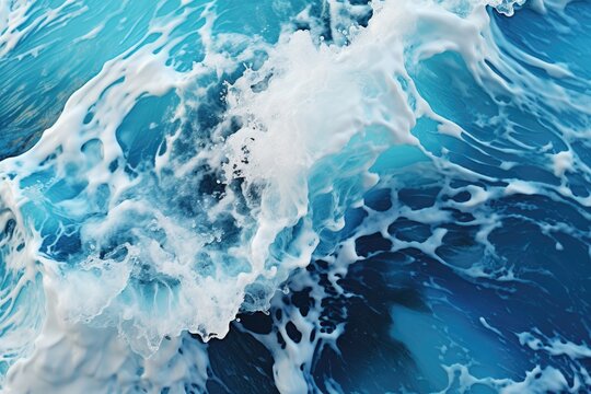 A background image for creative content, in close-up, showcasing deep blue water with waves crashing and white foam forming. Photorealistic illustration
