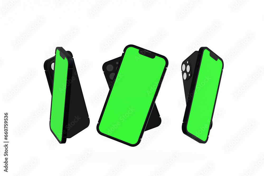 Wall mural set of mobile phone with blank green screen, mockup for web design web pages or banner, promotion, 3