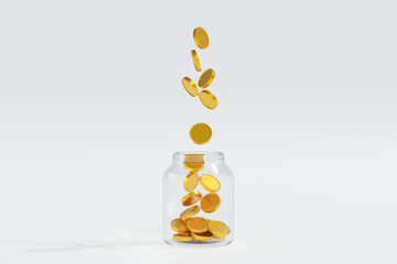 Falling gold coin money to clear glass jar or piggy bank, savings concept, 3D rendering. - 660759549