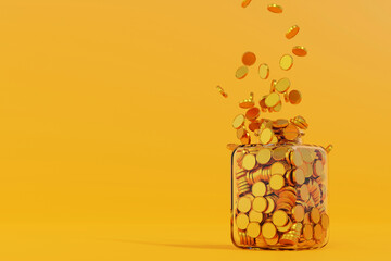 Gold coin falling in glass jar, until full, savings growth money concept, bank deposit, 3D rendering. - 660759569