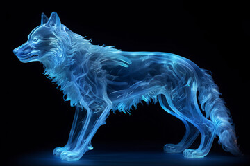 A lone spirit wolf in blue is standing in the dark. (Generative AI)