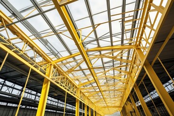 Industrial building with yellow steel structure, screw and cable details, and skylights for natural light. Generative AI