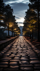 Christmas trees - cobblestone path - sunset - holiday beauty -mountain  resort 