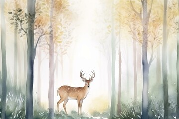 Peaceful forest watercolor with deer, tall trees, and pale sunlight. Serene and soothing nature illustration for decorations. Generative AI