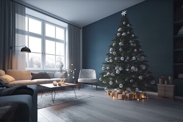 Festive Scandinavian apartments with Christmas decorations, toys, gifts, and a fir tree. Winter holidays composition. Generative AI