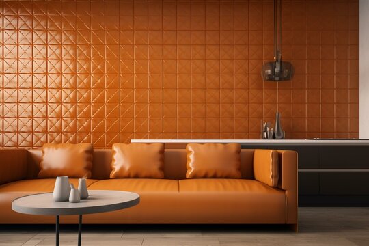 Mock-up of warm-toned orange tile wall with a leather sofa behind the kitchen room. Generative AI