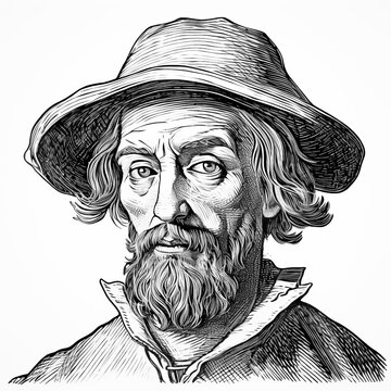 black and white portrait of a person - head of man in hat in Woodcut - engraving - isolated - farmer - cowboy
