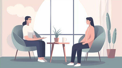 Psychologist listening to patient at mental therapy session. Personal mental health concept.Flat vector illustration. - obrazy, fototapety, plakaty