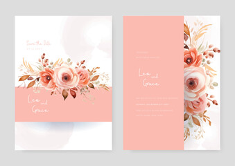 Pink and peach rose beautiful wedding invitation card template set with flowers and floral