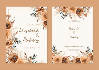 Fototapeta premium Brown and beige rose rustic vector wedding invitation card set template with flowers and leaves watercolor