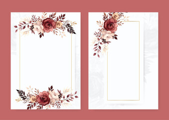 Red and beige rose elegant wedding invitation card template with watercolor floral and leaves