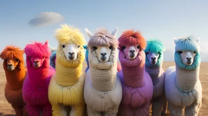 Crédence de cuisine en verre imprimé Vinicunca a group of alpacas in a field with woolly coats forming a beautiful rainbow