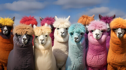 a group of alpacas in a field with woolly coats forming a beautiful rainbow