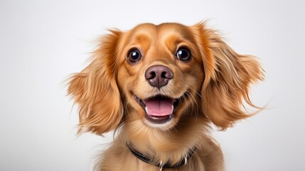 Photo of a happy dog sitting in front of a studio backdrop created with Generative AI technology