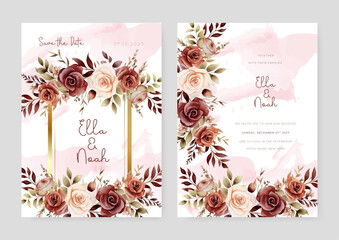 Beige and brown rose modern wedding invitation template with floral and flower