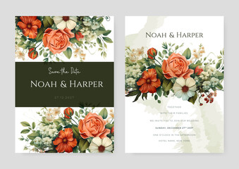 Orange white and peach poppy and rose elegant wedding invitation card template with watercolor floral and leaves