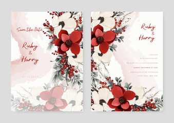 White and red poppy beautiful wedding invitation card template set with flowers and floral