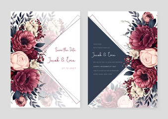 Red and pink peony luxury wedding invitation with golden line art flower and botanical leaves, shapes, watercolor - obrazy, fototapety, plakaty