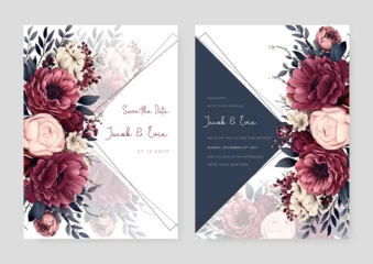 Deurstickers Red and pink peony luxury wedding invitation with golden line art flower and botanical leaves, shapes, watercolor © SyahCreation