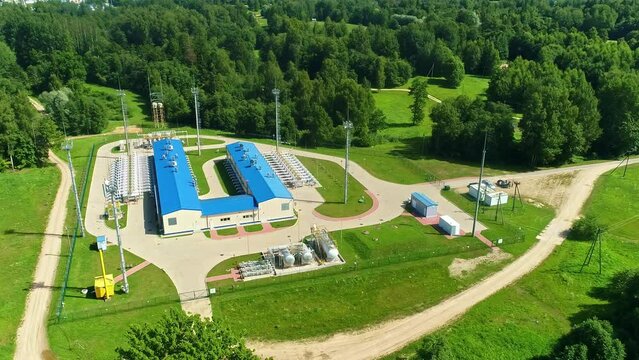 Aerial View Of Natural Gas Pumping Station, Compressor Station Facility.