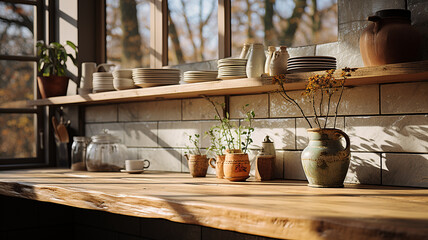 Modern kitchen interior with windows that let in natural light and wooden shelves filled with utensils and jars, Generative AI