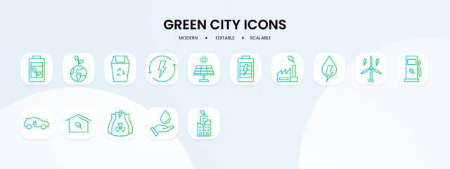 Green city icon collection with blue and green gradient outline style. city, green, design, ecology, collection, concept. Vector Illustration