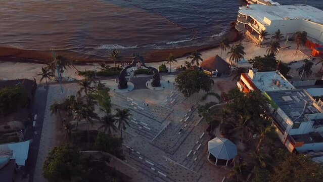 Drone shot of playa del carmen in sunset.