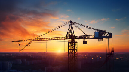 Abstract Industrial background with construction crane silhouette over amazing sunset sky 