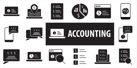 Accounting set of web icons in line style. Accounting and audit icons for web and mobile app. Containing finance report and invoice, tax return, accounting, auditing, inspection.black fill icon, ...