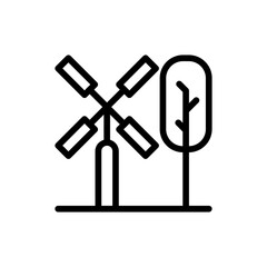 Wind farm green city icon with black outline style. turbine, power, electricity, technology, ecology, energy, environment. Vector Illustration