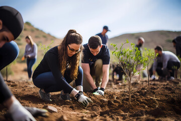 young people planting tree in desert - Powered by Adobe