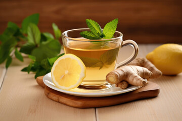 Cup of ginger tea with lemon, honey and mint