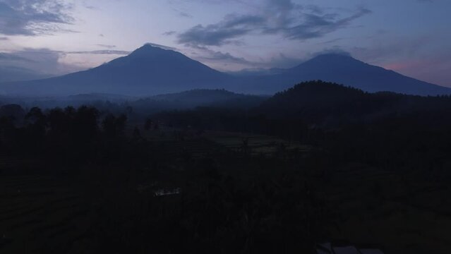 Scenic Aerial Views Over Licin Landscape During Sunrise in East Java, Indonesia. 