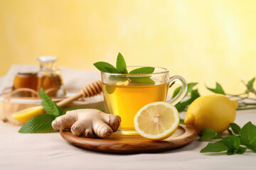 Obraz na płótnie Canvas Cup of ginger tea with lemon, honey and mint