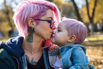Lesbian Mother at the park - ai generated - obrazy, fototapety, plakaty