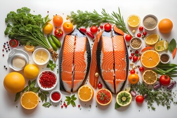 World Vegan Day. Top view of Salmon, fresh vegetables, fruit, herbs and spices, white paper background.