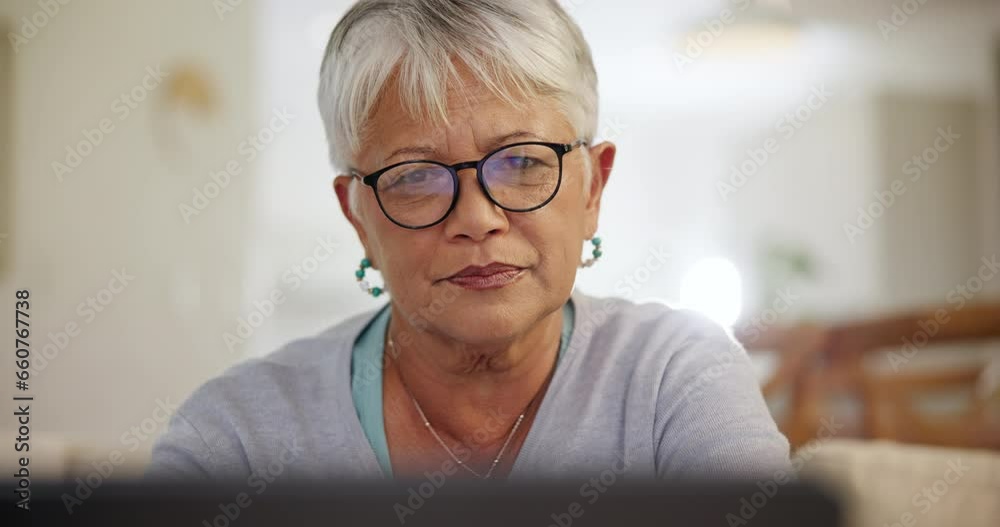 Poster Senior woman, home and laptop with face, thinking and planning for retirement fund, finances or pension. Elderly, retired and insurance for policy, tax and payment for investment, accounts or budget