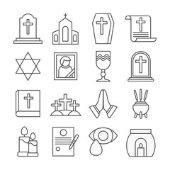 Set of Cemetery Funeral Isolated Icon Vector Illustration with Candle, Teary Eye, Tombstone, Gravestone, Praying Hands, Glass, Flat Style Element Objects