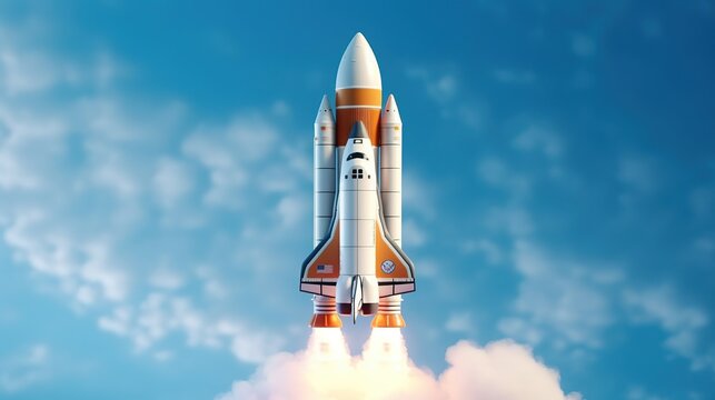 New space rocket lift off. Space shuttle with smoke and blast takes off into space on a background of blue planet earth with amazing sunset. Successful start of a space mission. Travel to Mars