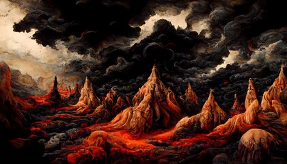 a surreal hellish landscape fire mountains horror dark art ominous dark clouds high detailed shading upside down crosses 
